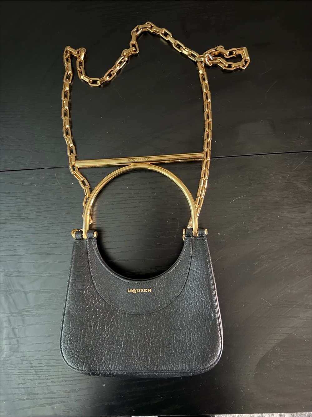 Brend new Alexander McQueen Black Mini Bag with Gold Handle and Chain